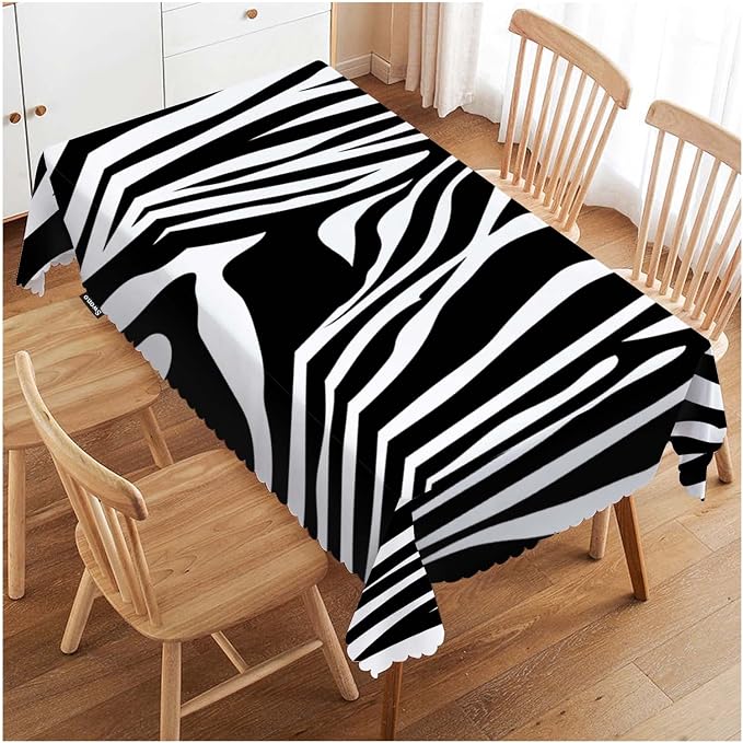 Swono Zebra Stripes 52"X70" Oblong Table Cloth Animal Skin Black and White Zebra Print Wrinkle Free Table Cover Farmhouse Tablecloth for Home Restaurant Picnic Indoor Outdoor Dining