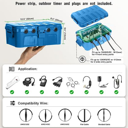 Flemoon Large Outdoor Electrical Box (12.5 x 8.5 x 5 inch), IP54 Waterproof Outdoor Extension Cord Cover Weatherproof, Protect Outlet, Plug, Socket, Timer, Power Strip, Holiday Light Decoration,Blue