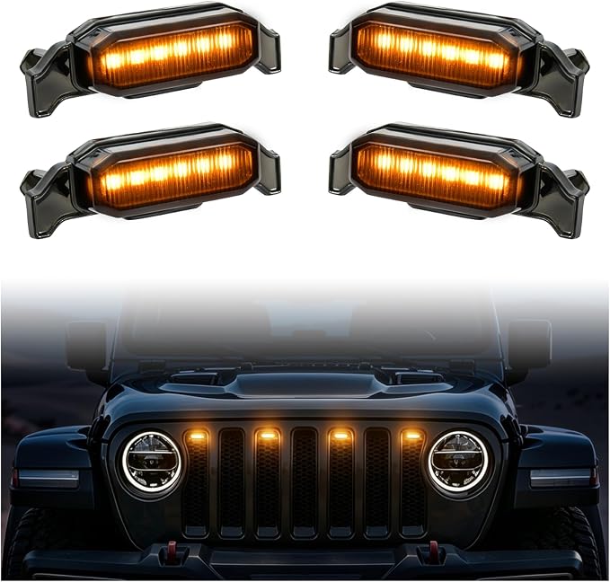 LED Grill Lights for Jeep Wrangler JL JLU 2018-2023 Accessories | Amber Front Bumper Marker Light, IP67 Waterproof, Clip-on Plug & Play, Running Lamp for Wrangler JL JLU Rubicon Sahara, 4pcs