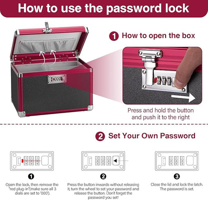Medicine Lock Box with Combination Lock - 10 x 6 x 6.7 Inches - First Aid Safe Medication Storage Box, Medications and Personal Items, Safe Boxes for Home and Outdoor - Black Red 【No Strap】