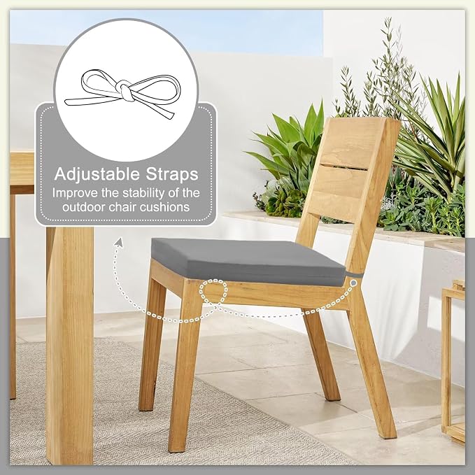 Cozyide Outdoor Chair Cushions, Waterproof Patio Seat Cushions with Adjustable Straps, Square Corner Patio Chair Cushions for Garden, Light Grey, 18.5x16x3 Inch (Pack of 4)