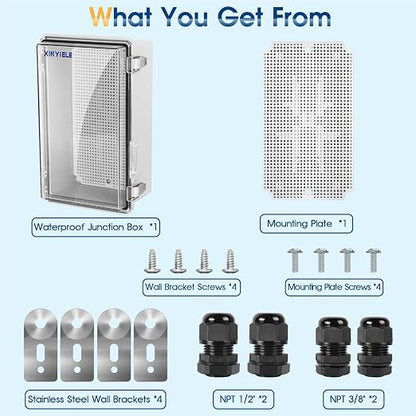 Waterproof Outdoor Project ABS Plastic Junction Box IP67 Weatherproof Dustproof Enclosure with Hinged Cover, Mounting Plate,Wall Brackets for Power Project (Clear,10.2"X6.3"X3.9")