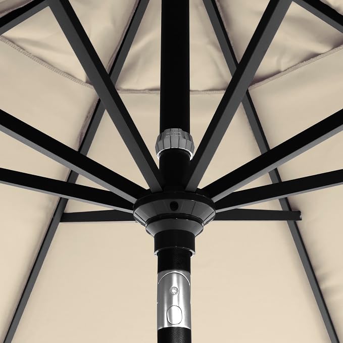 California Umbrella 12-Year-Non-Fading, 9Ft Premium Sunbrella Patio Umbrella, Hand-Crank, Button-Tilt, Black Frame, Beige Fabric