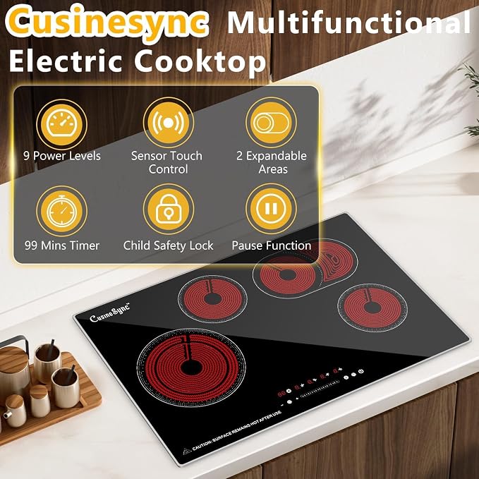 30 Inch Electric Cooktop, 4 Burner Built-In Radiant Ceramic Stove Top | 30 inch built-in radiant ceramic cooktop, 4 burners, 220-240V hardwired, touch control, flat-bottom cookware.