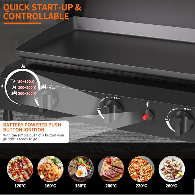 SKOK 4 Burner Gas Griddle with Hood- 30 Inch Outdoor Propane Griddle-60000 BTU Propane Fuelled, Portable Flat Top Gas Grill Camping Griddle with Lid for Outdoor BBQ, Camping