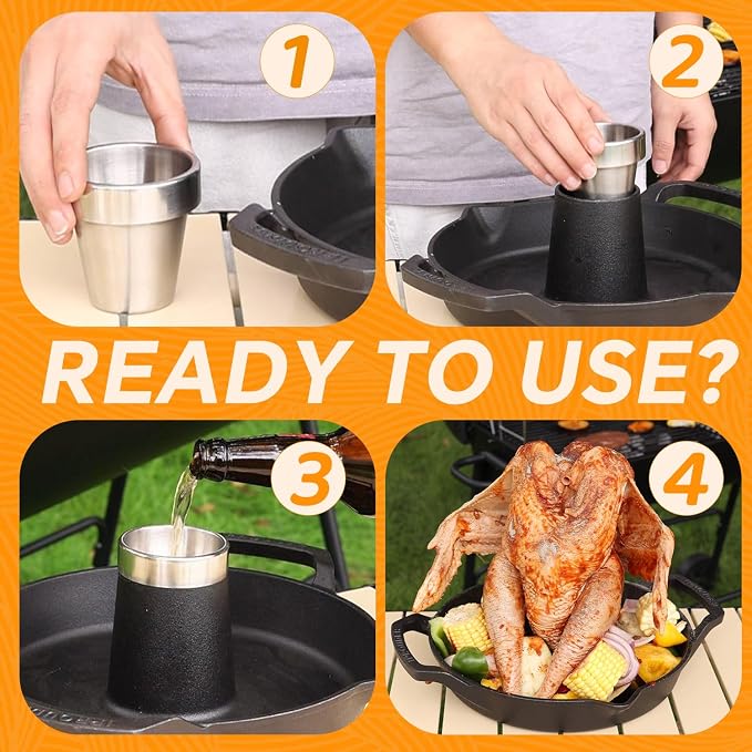 Cast Iron Chicken Roaster, Pre-Seasoned Vertical Poultry Roaster with Drip Pan, Beer Can Chicken Holder for Grill, Oven & Smoker