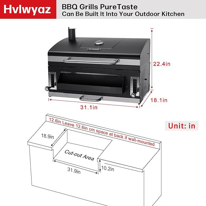 Built-in Charcoal Grill, Large BBQ Grills with Liftable Tray, Insulated Hood & Temp Gauge, Black Stainless Steel Barrel Grill for Outdoor Kitchen, Family BBQ Parties & Patio Use