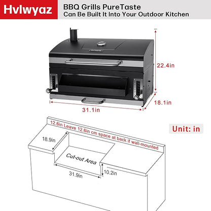 Built-in Charcoal Grill, Large BBQ Grills with Liftable Tray, Insulated Hood & Temp Gauge, Black Stainless Steel Barrel Grill for Outdoor Kitchen, Family BBQ Parties & Patio Use