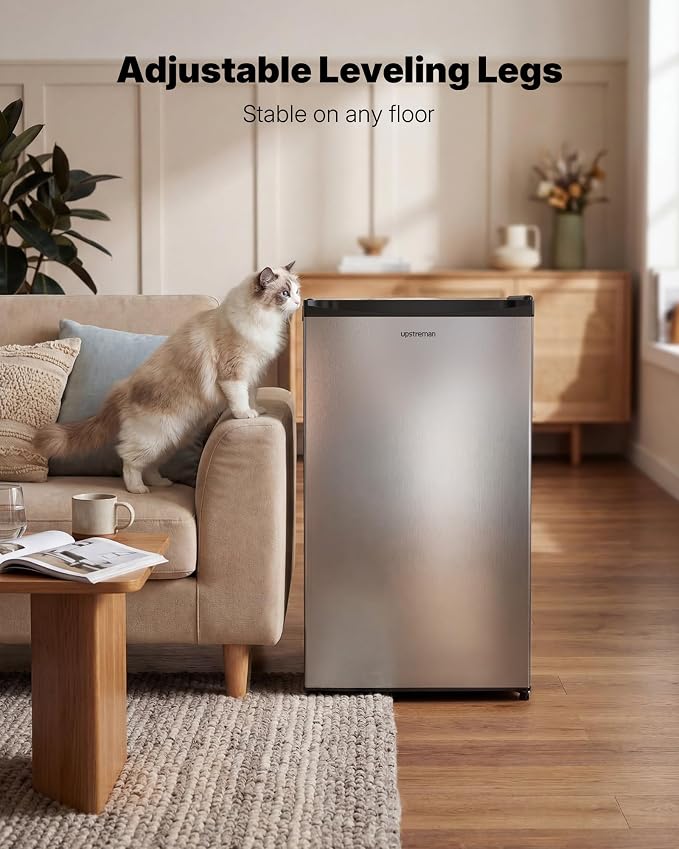 Upstreman 3.2 Cu.Ft Mini Fridge with Freezer, Stainless Steel-SR321 | Adjustable Thermostat, Energy Saving, Low Noise, Reversible Door, Small Refrigerator for Dorm, Bedroom, Office