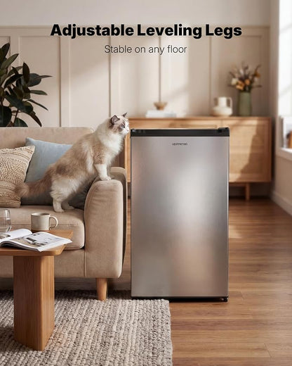 Upstreman 3.2 Cu.Ft Mini Fridge with Freezer, Stainless Steel-SR321 | Adjustable Thermostat, Energy Saving, Low Noise, Reversible Door, Small Refrigerator for Dorm, Bedroom, Office