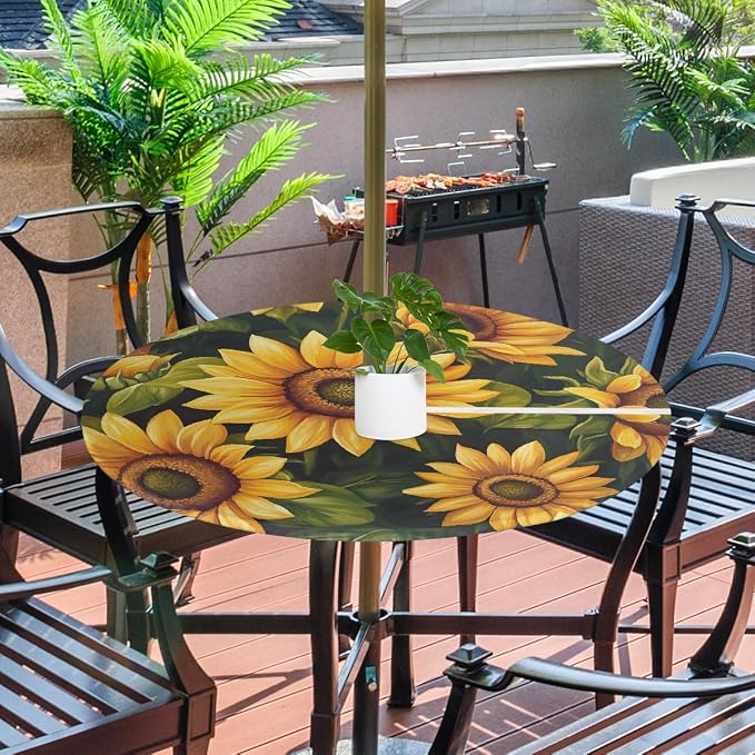 Sunflower Outdoor Round Fitted Tablecloth with Umbrella Hole and Zipper, 36"-44" Elastic Patio Table Cloth Oil-Proof Waterproof Patio Table Cover for Picnic Party Camping