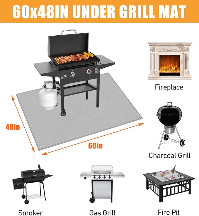 Grill Mats for Outdoor Grill Compatible with Blackstone 28 & 36in to Protect Deck and Patio, Fireproof BBQ Mat, Griddle Accessories Compatible with Blackstone Griddle, 60x48x0.04in, Grey
