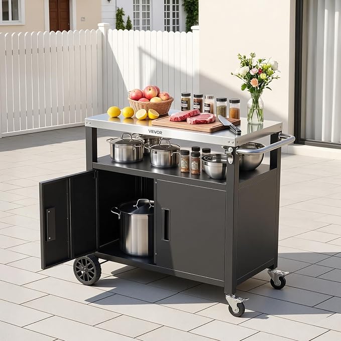 VEVOR Outdoor Grill Cart with Storage Cabinet, 36.4 Inch Grill Table, Waterproof Kitchen Island with Stainless Steel Top, Shelf, and Wheels, Movable Food Prep Station for Patio Bar Backyard BBQ