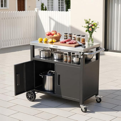 VEVOR Outdoor Grill Cart with Storage Cabinet, 36.4 Inch Grill Table, Waterproof Kitchen Island with Stainless Steel Top, Shelf, and Wheels, Movable Food Prep Station for Patio Bar Backyard BBQ