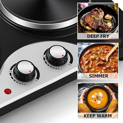Hot Plate, CUSIMAX Electric Burners for Cooking, 1800W Double Burner, Hot Plates for Countertop Burner, Portable Cast Iron Hot Plates with Dual Adjustable Temperature, Easy to Clean