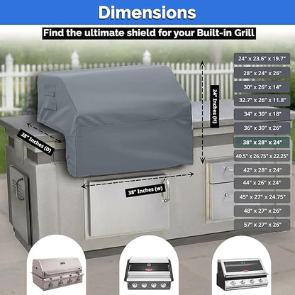 Covers & All Built-in Grill Cover for Outdoor Grill – Heavy Duty 12 oz Waterproof Built-in BBQ Grill Cover, PVC-Coated Polyester with Elastic Hem for Snug Fit (38 x 28 x 24 inches, Grey)