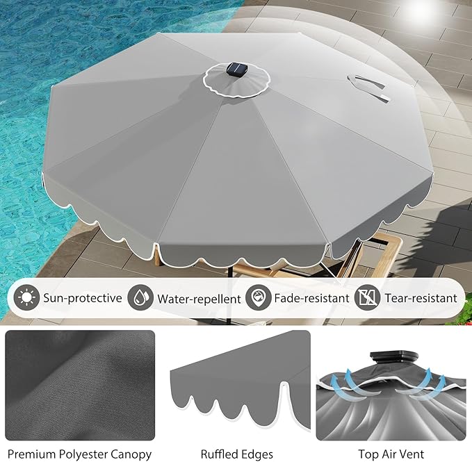 Tangkula 10FT Solar LED Patio Umbrella, 2-Tiers Scalloped Outdoor Table Market Umbrella with 24 LED Lights, Vented Top, Tilt Adjustment, Crank, 8 Ribs for Backyard Poolside Deck Beach Lawn (Gray)