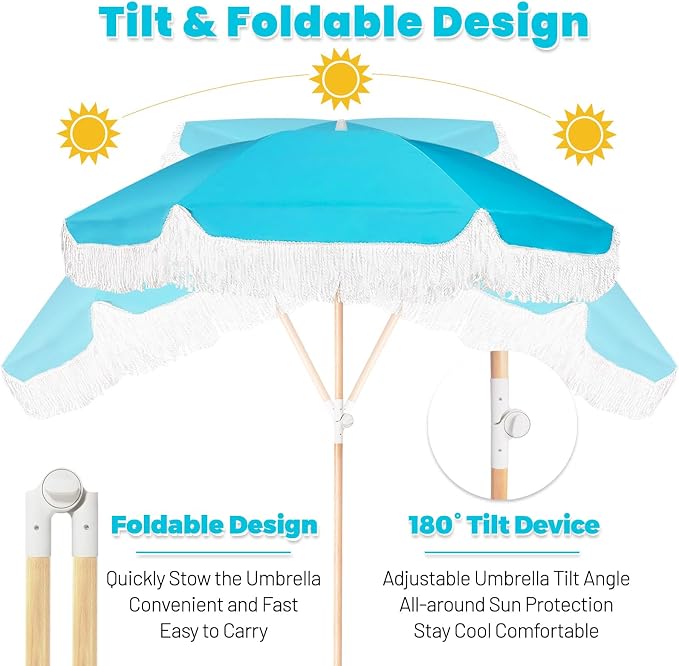 Lefedrasticity Boho Outdoor Umbrella with Tassels,6ft Table Umbrella Outdoor Patio with Knobs Tilt,Wind Resistant Portable Beach Umbrella UPF50+ Fringe Umbrellas For Pool Backyard Deck Garden