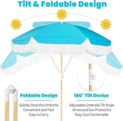 Lefedrasticity Boho Outdoor Umbrella with Tassels,6ft Table Umbrella Outdoor Patio with Knobs Tilt,Wind Resistant Portable Beach Umbrella UPF50+ Fringe Umbrellas For Pool Backyard Deck Garden