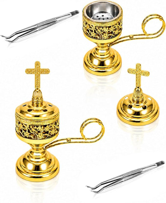 Yawlsow Incense Burner, Frankincense Charcoal Incense Stand, Bakhoor Incense Burner Holder, Ideal for Aromatherapy, Yoga and Spa, Home and Christian Church Censer, (Gold*2)