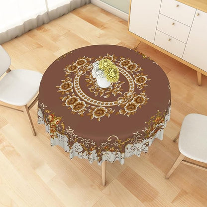 French Floral Circle Tablecloth Brown Flowers Tablecloths Vintage Luxury Classic Design Waterproof Rectangle Polyester Resistant Round Table Cover for Picnic Dinner Decor 60 Inch