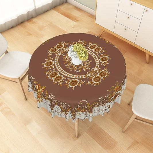 French Floral Circle Tablecloth Brown Flowers Tablecloths Vintage Luxury Classic Design Waterproof Rectangle Polyester Resistant Round Table Cover for Picnic Dinner Decor 70 Inch