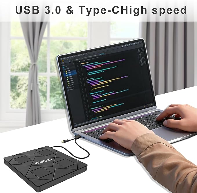 External CD/DVD Drive for Laptop, 8-in-1 USB3.0 DVD Player | Compatible Windows 11/10/8/7 Linux macOS, 2 USB-A & 2 USB-C Ports, TF/SD Card Reader, Includes 4 Disc Sleeves+Carrying Pouch