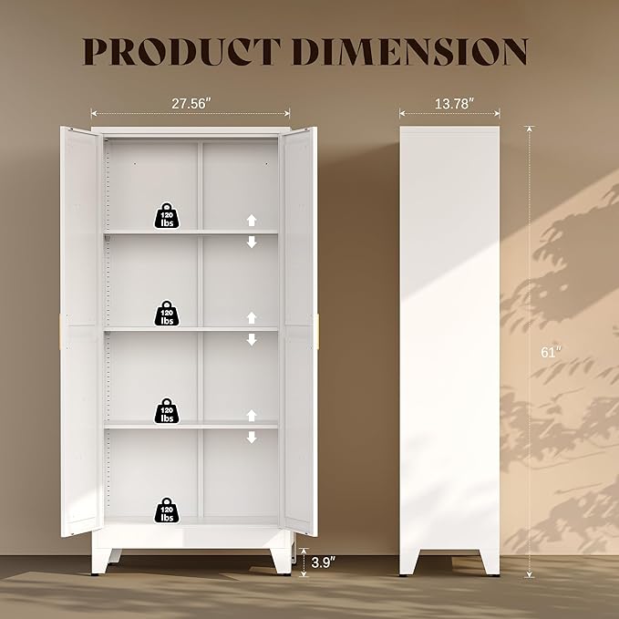 61" H White Storage Cabinet,Metal Pantry Cabinets with Doors,Tall Cabinet,Kitchen Pantry Storage Cabinets