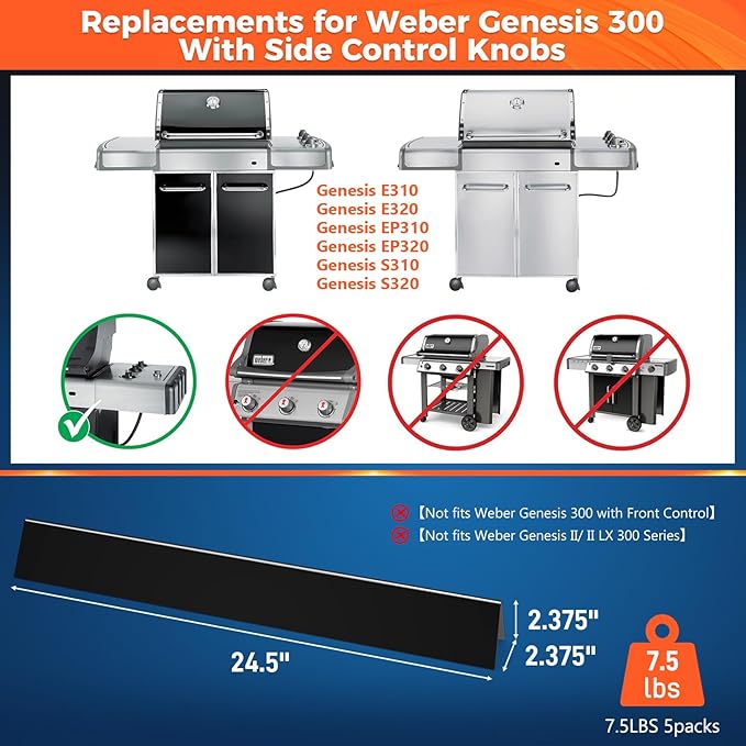 QuliMetal 24.5" Porcelain Steel Flavorizer Bars for Weber Genesis 300 Series (2007–2010) with Side Control Knobs – Fits E310, E320, S310, S320, EP310, EP320, Replacement for Weber 7539 7540