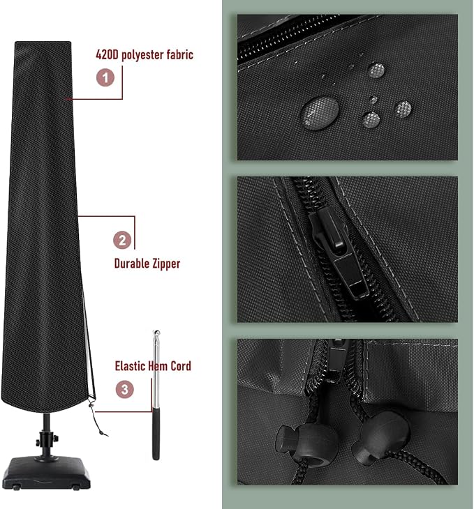 Patio Umbrella Cover Outdoor Umbrella Cover with Rod Waterproof Durable 420D Polyester Fabric Patio Parasol Umbrella Cover for 7 ft to 11 ft Outdoor Umbrella (Black)