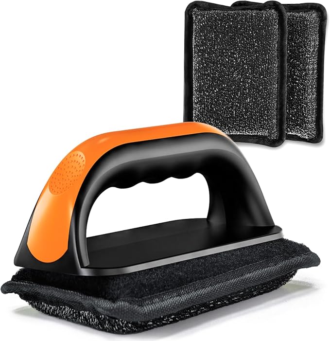 Griddle Cleaning Kit for Blackstone Rust Removal Restoration Pad | 3 Griddle Cleaning Pads & 1 Ergonomic Handle For Flat Top Grill, Brush with Flexible Steel Wire Layer Removes Stubborn Grease