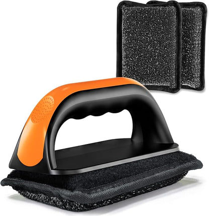 Griddle Cleaning Kit for Blackstone Rust Removal Restoration Pad | 3 Griddle Cleaning Pads & 1 Ergonomic Handle For Flat Top Grill, Brush with Flexible Steel Wire Layer Removes Stubborn Grease