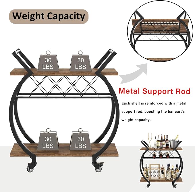 LVB Industrial Bar Cart, Beverage Serving Cart with Wheels, Rustic Brown | Modern Bar Cart with Wine Rack, Wooden Microwave Drink Liquor Cart for Dining Room, Coffee Liquor Drink Cart with Storage