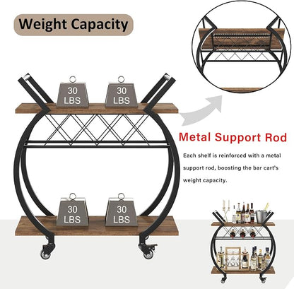 LVB Industrial Bar Cart, Beverage Serving Cart with Wheels, Rustic Brown | Modern Bar Cart with Wine Rack, Wooden Microwave Drink Liquor Cart for Dining Room, Coffee Liquor Drink Cart with Storage