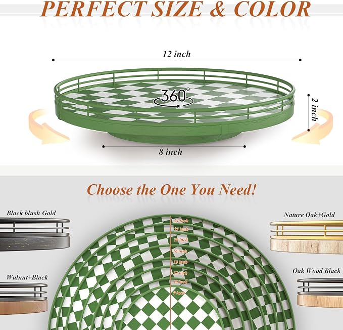 AMH 12-Inch Green and White Checkerboard Lazy Susan with Rubberwood Base | Smooth rotating oak tray with walnut finish for dining tables, kitchen counters, pantries and cabinet storage.