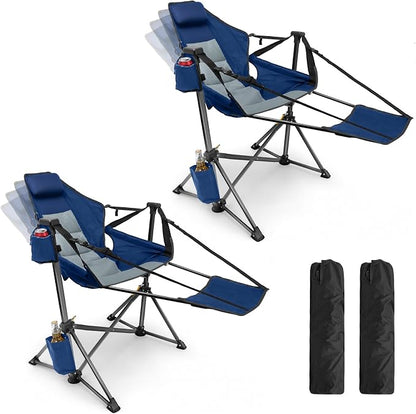 HOPERAN Hammock Camping Chair with Footrest 400lb Swing Chair, Blue 2 Pack | 31.5" Wide Seat, 90°-130° Recliner, Stable Frame, 600D Fabric, Carry Bag, Cup Holder, Storage Pocket, for Beach Patio Sports
