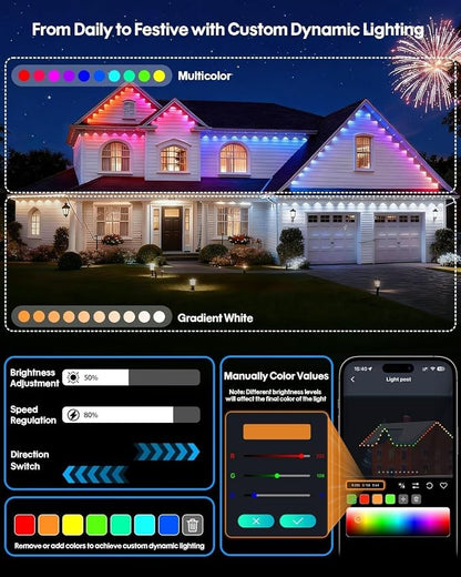Permanent Outdoor Lights, 150FT with 90 RGBIC LED Lights, 50 Scene Modes, App & Voice Control, Cuttable, Accent & Year‑Round Eave Lighting, Outdoor Eave Lights for Christmas Holiday Patio Yard Decor