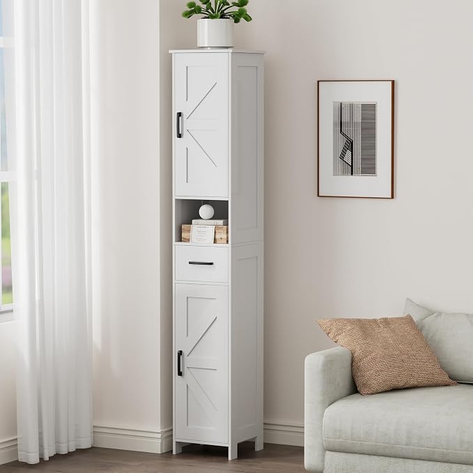 Homhedy 67" H Tall Bathroom Storage Cabinet with Barn Doors and Drawer | Narrow Storage Unit with Adjustable Shelves, Floor Cabinet for Bathroom, Living Room, Entryway or Kitchen, White, 11.8" W