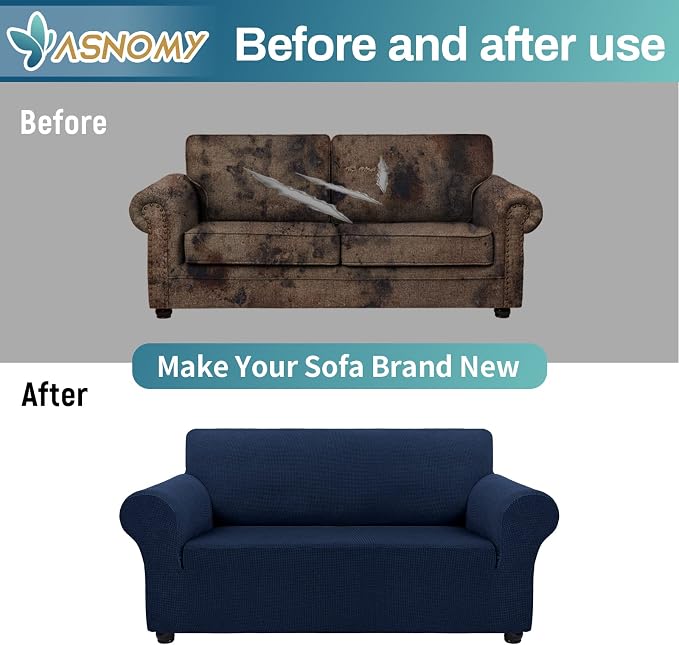 Asnomy Stretch Couch Covers Washable, loveseat Cover Slipcovers, Navy Blue | 1-Piece Sofa Cover(55"-78") loveseat cover Furniture Protector Soft Jacquard,Non-Slip Elastic Bottom for Dogs & Kids