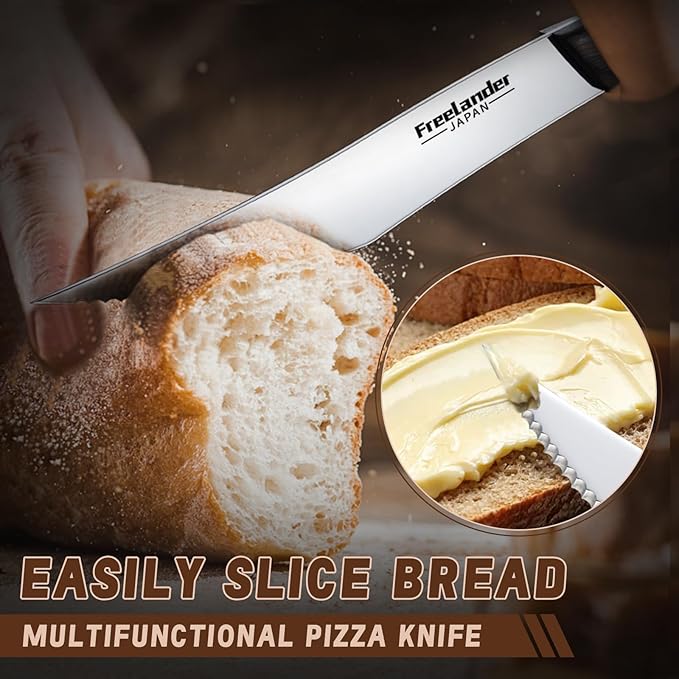 Freelander 4-Piece Pizza Knife Cutter Set, Sharp Serrated Stainless Steel Blades, Full Tang Forged Design, Ergonomic Non-Slip Handle, Durable, Rust-Resistant & Dishwasher Safe