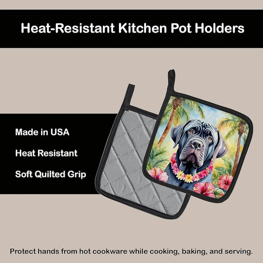 Caroline's Treasures Neapolitan Mastiff Luau Pair of Pot Holders Kitchen Heat Resistant Pot Holders Sets Oven Hot Pads for Cooking Baking BBQ, 7 1/2 x 7 1/2