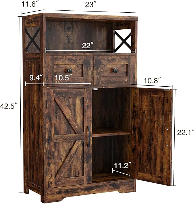 Befrases Farmhouse Storage Cabinet with Drawers and Shelves, Kitchen Pantry Storage Cabinet, Floor Hutch Cupboard for Dining Living Room Home Office, Rustic Brown