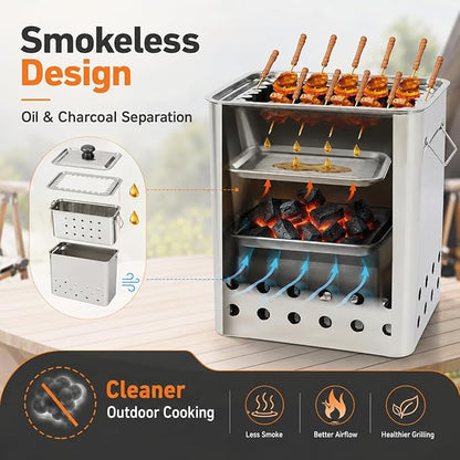 Smokeless Barbecue Charcoal Barrel Grill, Stainless Steel Surround Charcoal BBQ Grill Barrel for 26 Skewers, 360° Smokeless Charcoal Hanging Grill for Beaches Travel Camping Grill Picnic Patio