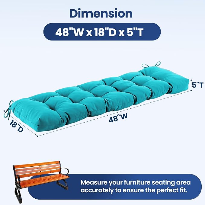 IASEAHK Outdoor Bench Cushion 48x18x5 Inch, Waterproof & Fade-Resistant Patio Furniture Cushions, Tufted Memory Foam Indoor/Outdoor Cushions for Couch Porch Swing with Non-Slip Backing & Straps, Teal