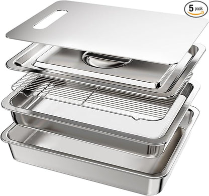 5-Piece Grill Carry System, Large Stainless Steel Grill Prep Trays for BBQ and Oven Use with Oil Drain Rack, Marinade Container with Lid, Nested Storage, Grilling Prep and Serve Trays