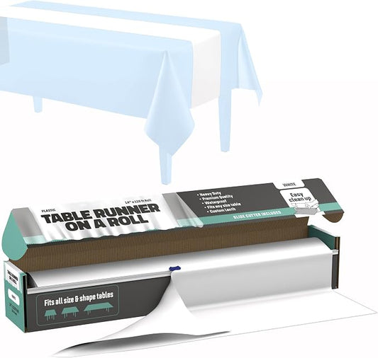 White Table Runner – 14" X 110' Premium Plastic Longtable Runners with Cutter Box - Cut to Size - Decorative Rectangle Table Runners - Smooth Table Cloth - Disposable Table Cloths, Parties, Weddings.