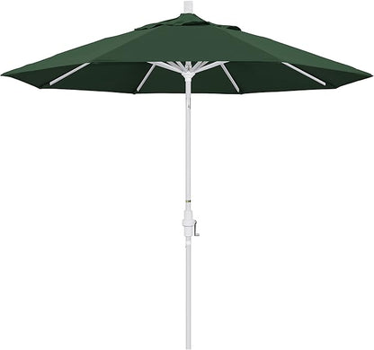 California Umbrella 9' Round Aluminum Market Umbrella, Crank Lift, Collar Tilt, White Pole, Hunter Green Olefin