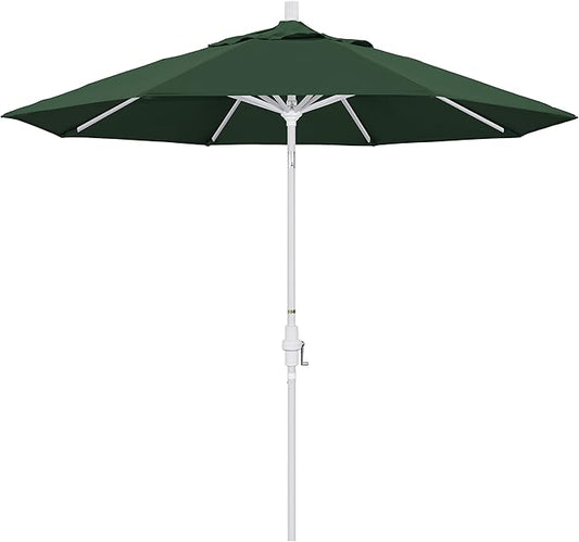 California Umbrella 9' Round Aluminum Market Umbrella, Crank Lift, Collar Tilt, White Pole, Hunter Green Olefin