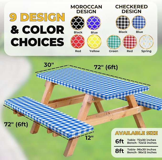 Vinyl Fitted Picnic Table Cover with Bench Covers & Blue 6ft Blue Checkered | Vinyl Fitted Picnic Table Cover with Bench Covers and Bag, Outdoor Waterproof Windproof Picnic Tablecloth with Elastic Edges.