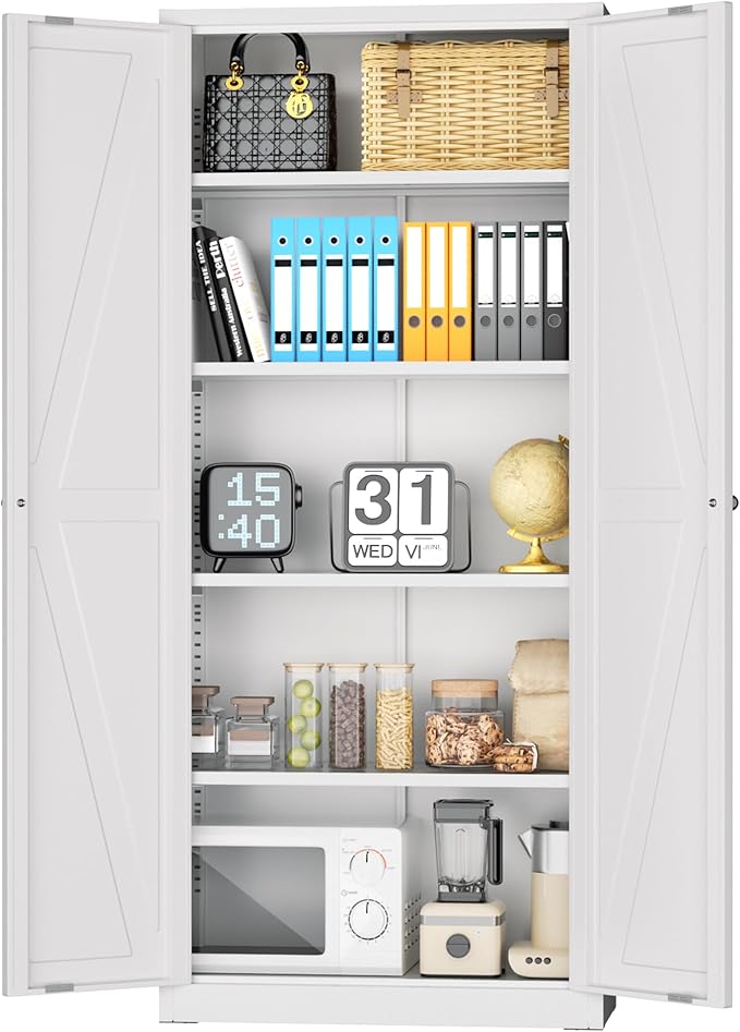INTERGRAET 63" H Pantry Cabinet, Kitchen Pantry Storage Cabinet with 2 Doors and 4 Adjustable Shelves, White Metal Storage Cupboard for Home, Kitchen, Living Room